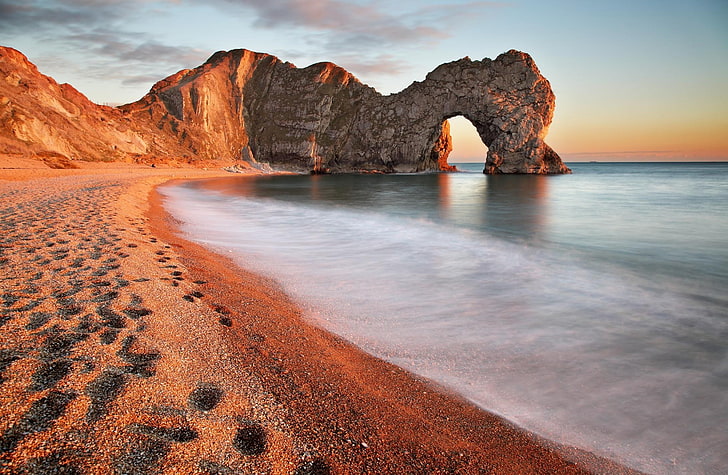Durdle Door, 영국, 바위 형성과 해변, 유럽, 영국, 자연, 아침, 모래, 바위, 영국, 해안, 절벽, 바다 경치, Durdle 문, 해변, HD 배경 화면