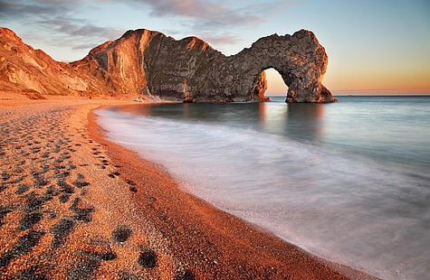 Durdle Door, 영국, 바위 형성과 해변, 유럽, 영국, 자연, 아침, 모래, 바위, 영국, 해안, 절벽, 바다 경치, Durdle 문, 해변, HD 배경 화면 HD wallpaper