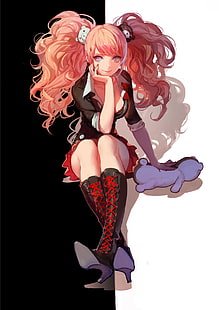 anime, anime girls, Enoshima Junko, Danganronpa, Monobear, pink hair, boots, laced boots, HD wallpaper HD wallpaper