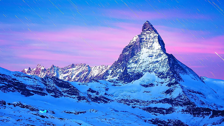 Matterhorn, pico, nevado, Alpes suizos, Alpes, Europa, cielo púrpura, nieve, cresta, paisaje de montaje, Fondo de pantalla HD