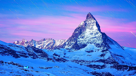 matterhorn, puncak, bersalju, pegunungan swiss, pegunungan Alpen, eropa, langit ungu, salju, punggung bukit, pemandangan gunung, Wallpaper HD HD wallpaper