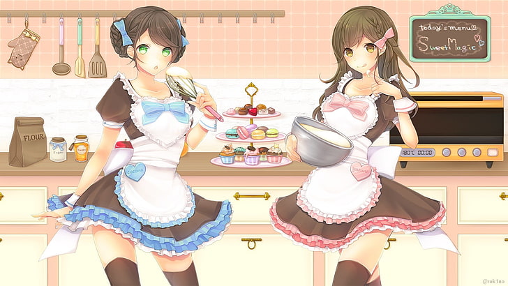 две жени аниме тапети, кухня, високи бедра, торта, рокля, камериерско облекло, HD тапет