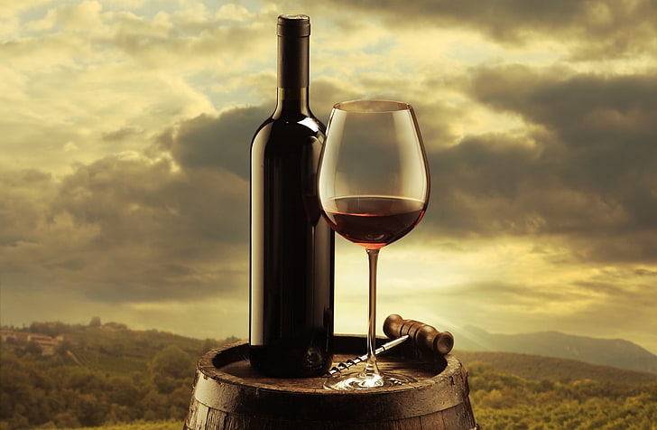 clear glass goblet, the sky, clouds, background, wine, red, glass, bottle, barrel, corkscrew, the vineyards, HD wallpaper