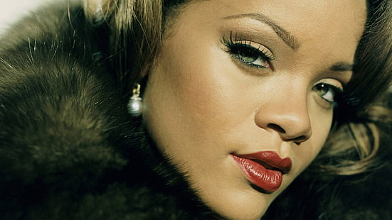 Rihanna, rihanna, fur, make-up, haircut, earrings, HD wallpaper HD wallpaper