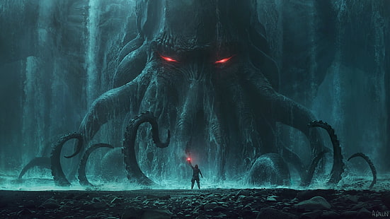 Cthulhu, monster, batu, manusia, raksasa, ombak, tentakel, Andree Wallin, sinyal cahaya, Wallpaper HD HD wallpaper