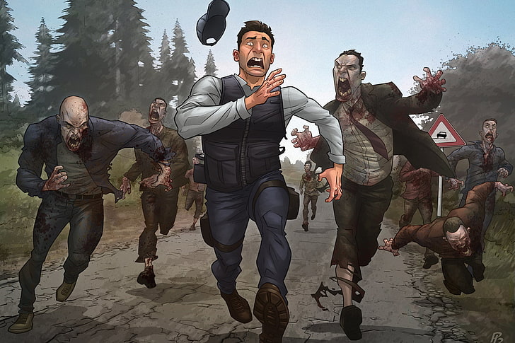 Hombre perseguido por zombies ilustración, carretera, bosque, signo, zombies, patrick brown, DayZ, Fondo de pantalla HD