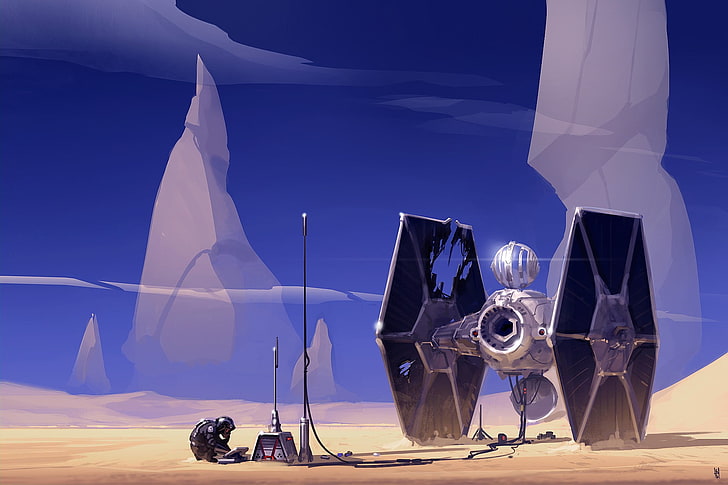 illustration de vaisseau spatial argent et noir, Star Wars, planète, Tatooine, art numérique, artwork, Fond d'écran HD