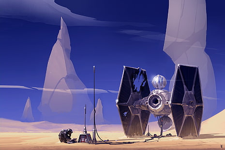 srebrno-czarna ilustracja statku kosmicznego, Gwiezdne wojny, planeta, Tatooine, sztuka cyfrowa, grafika, Tapety HD HD wallpaper