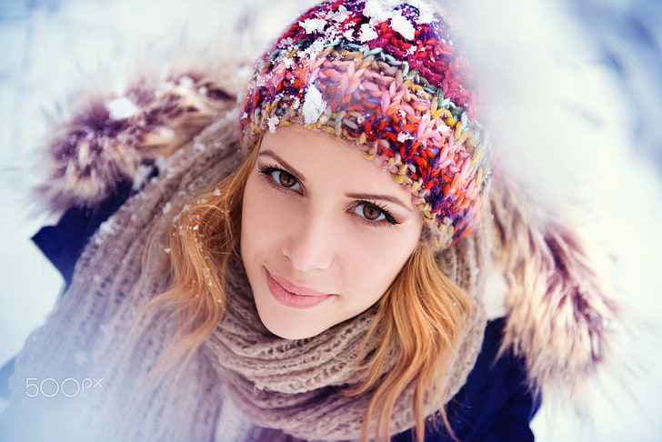 brown eyes, pink lipstick, scarf, black jackets, 500px, hoods, redhead, women, hat, snow, smiling, looking at viewer, HD wallpaper