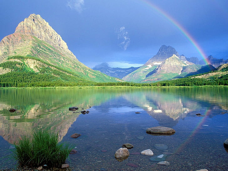 krajobraz, tęcze, Jezioro Swiftcurrent, Park Narodowy Glacier, Montana, jezioro, góry, odbicie, Tapety HD