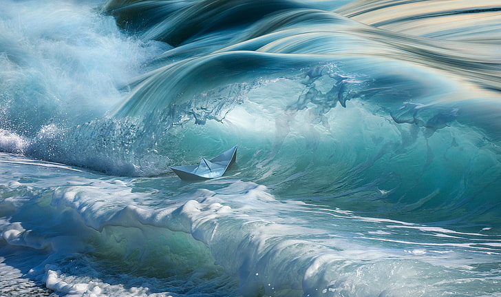 sea waves painting, water, sea, waves, paper boats, digital art, cyan, splashes, HD wallpaper