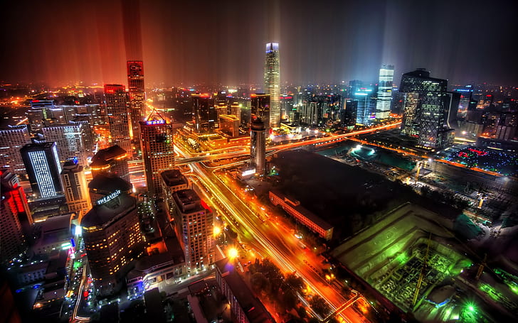 Пекин, Китай, город, ночь, небоскребы, Пекин, Китай, город, ночь, небоскребы, HD обои