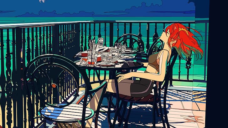 redhead, balcony, anime girls, cafe, HD wallpaper