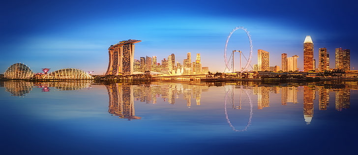 море, пейзаж, светлини, небостъргачи, Сингапур, архитектура, мегаполис, синьо, нощ, фонтани, HD тапет