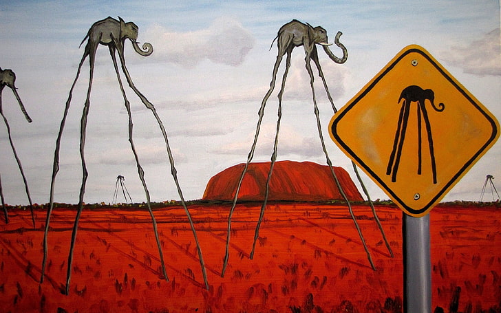 artwork, clouds, Elephants, fantasy Art, Hill, nature, painting, Salvador Dalí, signs, Surreal, HD wallpaper