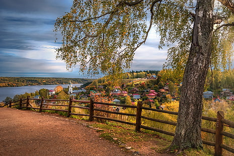  road, autumn, landscape, nature, the city, river, tree, the fence, home, birch, Volga, Plyos, Andrei, HD wallpaper HD wallpaper