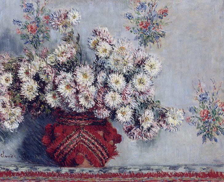 flores, imagens, natureza-morta, Claude Monet, vaso com crisântemos, HD papel de parede