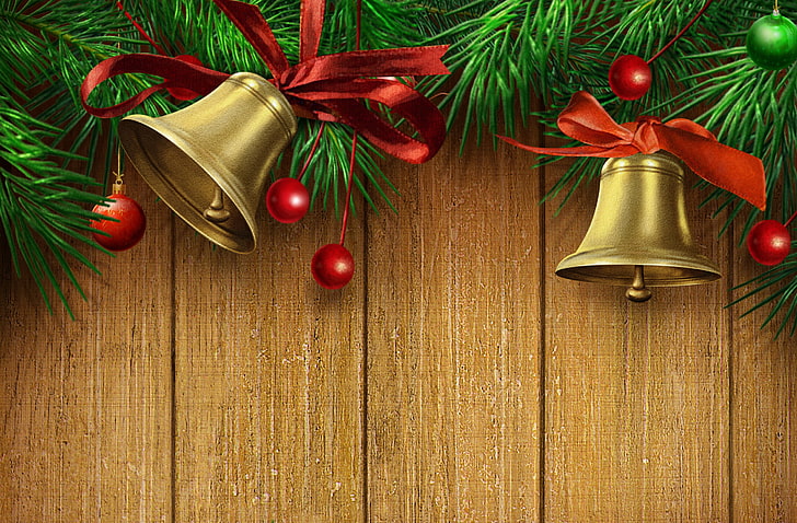 två guldklockor med rött band dekorer, färg, guld, älskling, skönhet, färger, tejp, röd, gyllene, vacker, klockor, gott nytt år, jul, söt, god jul, semester, cool, härlig, trevlig, söt, band , Julklockor, klocka, HD tapet