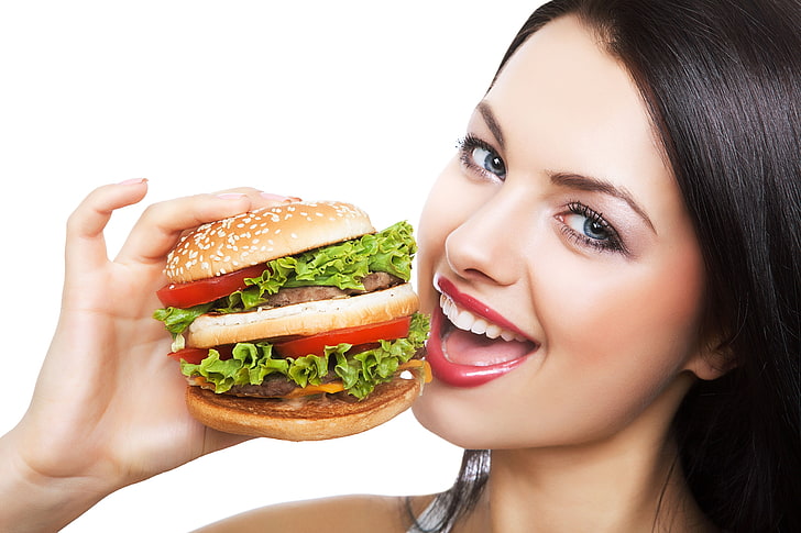 2-layer burger, brunette, hamburger, white, blue eyes, food, HD wallpaper