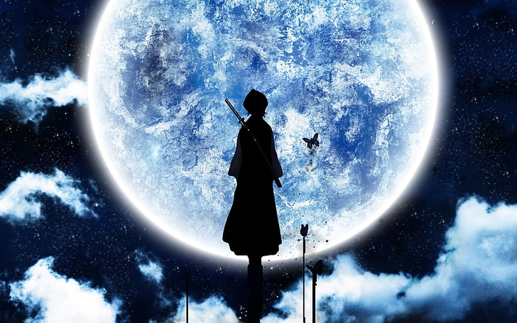 аниме обои, Kuchiki Rukia, Bleach, лунный свет, Луна, силуэт, аниме, HD обои