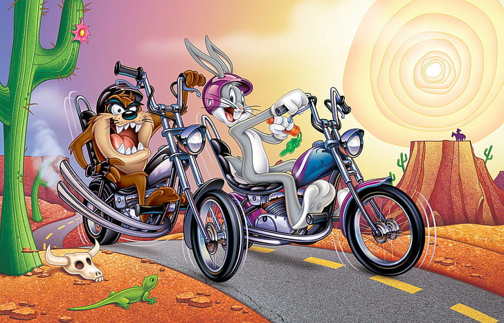 Rabbit, Motorcycle, Cartoon, Taz, The Tasmanian devil, Looney Tunes, Bugs Bunny, Tasmanian Devil, HD wallpaper