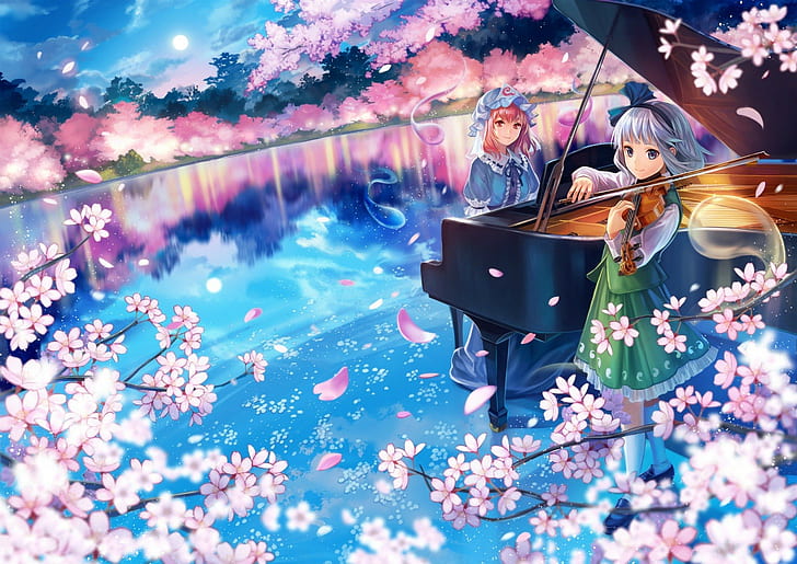 Anime, Anime Mädchen, Touhou, Konpaku Youmu, Myon, Saigyouji Yuyuko, Wasser, Blumen, kurze Haare, rosa Haare, graue Haare, rote Augen, Klavier, HD-Hintergrundbild