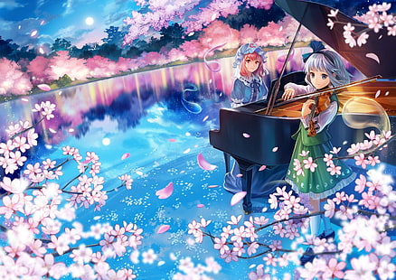 Anime, Anime Mädchen, Touhou, Konpaku Youmu, Myon, Saigyouji Yuyuko, Wasser, Blumen, kurze Haare, rosa Haare, graue Haare, rote Augen, Klavier, HD-Hintergrundbild HD wallpaper