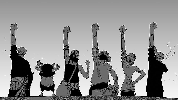 One Piece character illustration, One Piece, Roronoa Zoro, Tony Tony Chopper, Usopp, Monkey D. Luffy, Nami, Sanji, anime, fists, arms up, monochrome, HD wallpaper