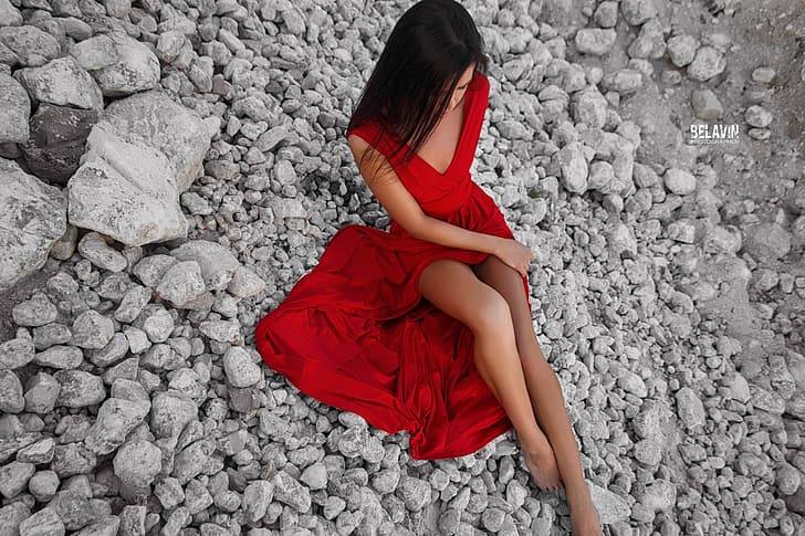 girl, stones, dress, legs, Belavin, Alexander Belavin, HD wallpaper