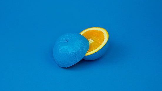 limão fatiado azul, fundo azul, laranja (fruta), amarelo, laranja, azul, HD papel de parede HD wallpaper
