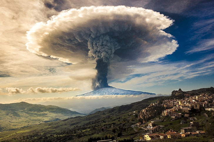 clouds, eruption, Etna, Italy, mountain, mushroom, nature, Sicily, sky, smoke, Snowy Peak, town, volcano, HD wallpaper