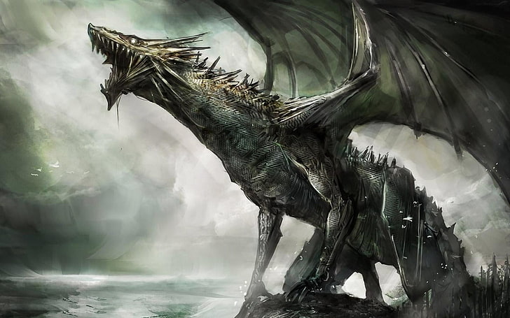 Dragão preto, ilustração de dragão cinza, arte e criativo, arte, dragão, HD papel de parede
