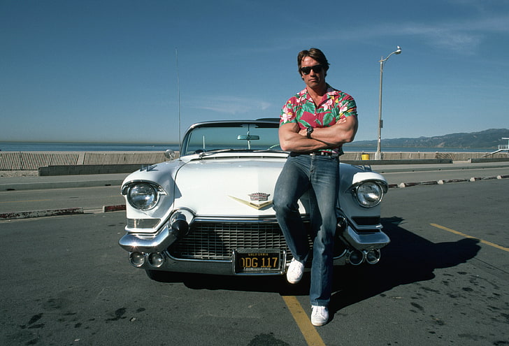 men's red and multicolored floral button-up collared shirt, arnold schwarzenegger, young, cars, sports, actor, HD wallpaper