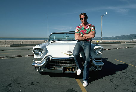 men's red and multicolored floral button-up collared shirt, arnold schwarzenegger, young, cars, sports, actor, HD wallpaper HD wallpaper