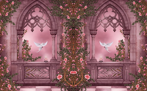 Rose Garden, голуби, розы, цветы, свечи, окна, художественные картины, Rose, Garden, голуби, розы, цветы, свечи, окна, арт, картины, HD обои HD wallpaper