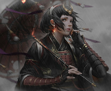 Rüstung, kurze Haare, Handschuhe, schwarze Augen, GUWEIZ, Wasser, Regen, Samurai, Kopfschmuck, Regenschirm, schwarze Haare, japanische Kleidung, HD-Hintergrundbild HD wallpaper