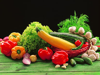 Mat, grönsaker, gurka, vitlök, sallad, paprika, stilleben, grönsaker, HD tapet HD wallpaper