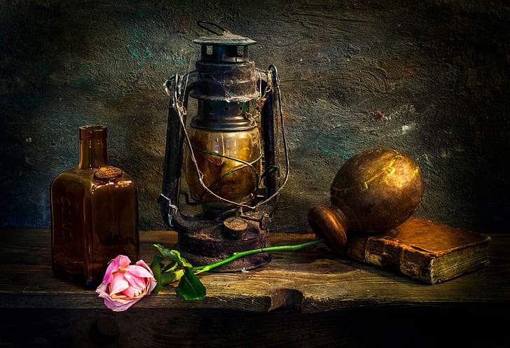 Rose, Lampe, Staub, Buch, Liebesverloren, HD-Hintergrundbild