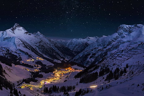 Buatan manusia, kota, cahaya, gunung, malam, salju, lembah, musim dingin, Wallpaper HD HD wallpaper