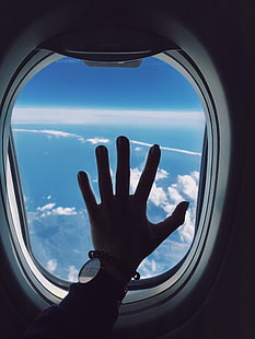 airplane glass window, porthole, hand, airplane, window, clouds, HD wallpaper HD wallpaper