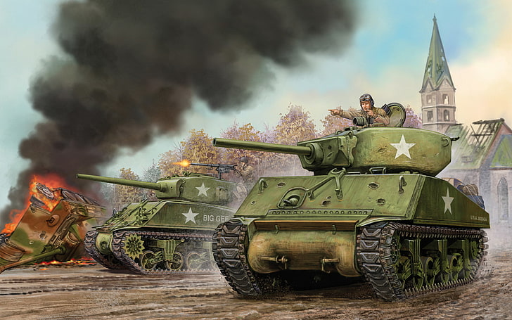 tapeta cyfrowa z zielonym czołgiem bojowym, sztuka, czołg, bitwa, gra, USA, Sherman, Jumbo, M4A3E2, Flames of War, WW2., II wojna światowa, miniatury, Assault, Tapety HD