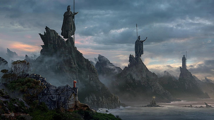 digitale Kunst mit drei grauen Statuen, Fantasiekunst, Küste, Mönche, HD-Hintergrundbild