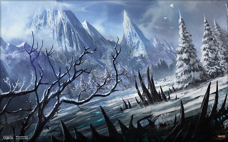눈 덮인 나무와 얼어 붙은 강 근처 산 벽지, 매직 : 모임, 마술, 겨울, 눈, 풍경, 산, HD 배경 화면