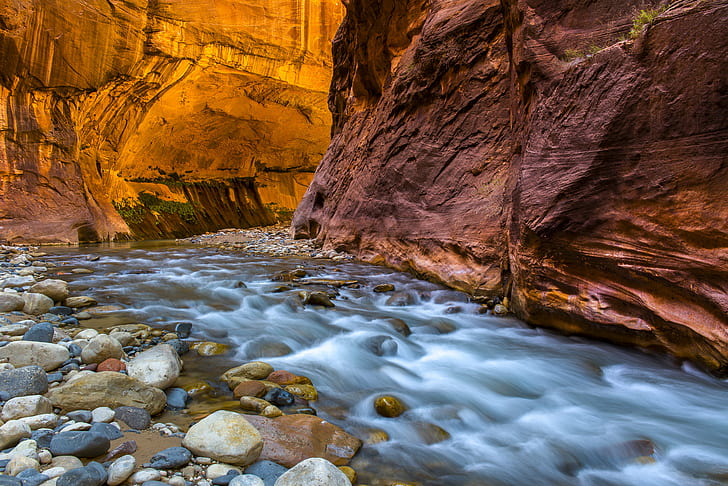 time lapse photography of water stream, The Narrows, Zion Canyon, time lapse photography, water, stream, Zion  canyon, hiking, virgin  river, virgin river, Zion national park, nature, river, rock - Object, waterfall, scenics, landscape, canyon, outdoors, HD wallpaper