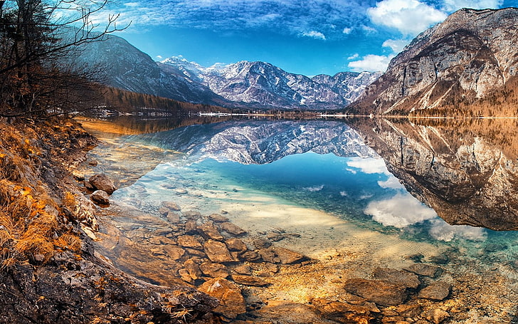 nature, landscape, lake, mountains, fall, snowy peak, water, reflection, Slovenia, HD wallpaper