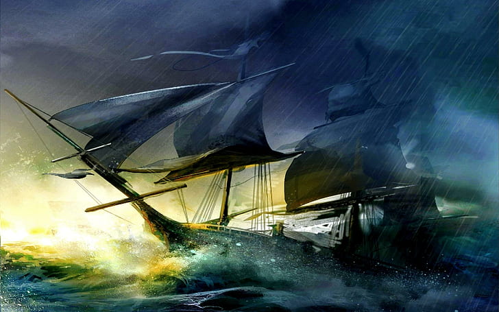 Storm Sailing, credo, navio, tempestade, vela, assassinos, chuva, 3d e abstrato, HD papel de parede