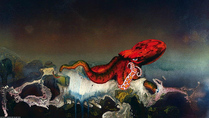 Seni Digital, Gurita, Kapal, Roger Dean, lukisan gurita merah, seni digital, gurita, kapal, roger dekan, Wallpaper HD