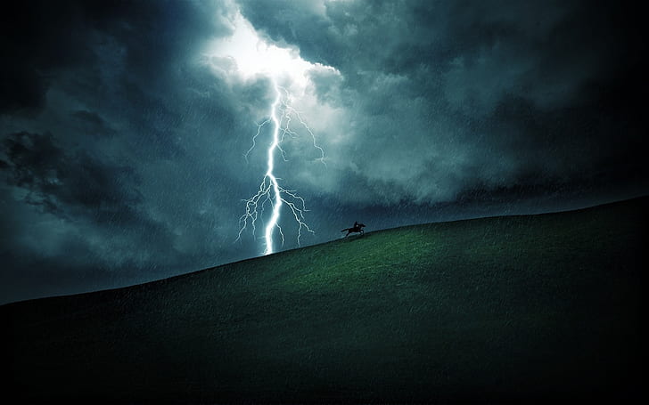 Summer Hail, silhouette of horse running with green grass field mountain and lightning illsutration, flake, rain, HD wallpaper