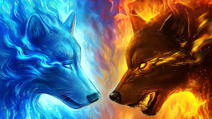 animals, blue, red, ice, fire, abstract, HD wallpaper