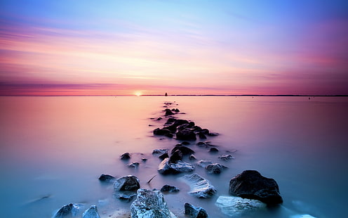 美しい、海、夕日、地平線、風景、石、美しい、海、夕日、地平線、風景、石、 HDデスクトップの壁紙 HD wallpaper